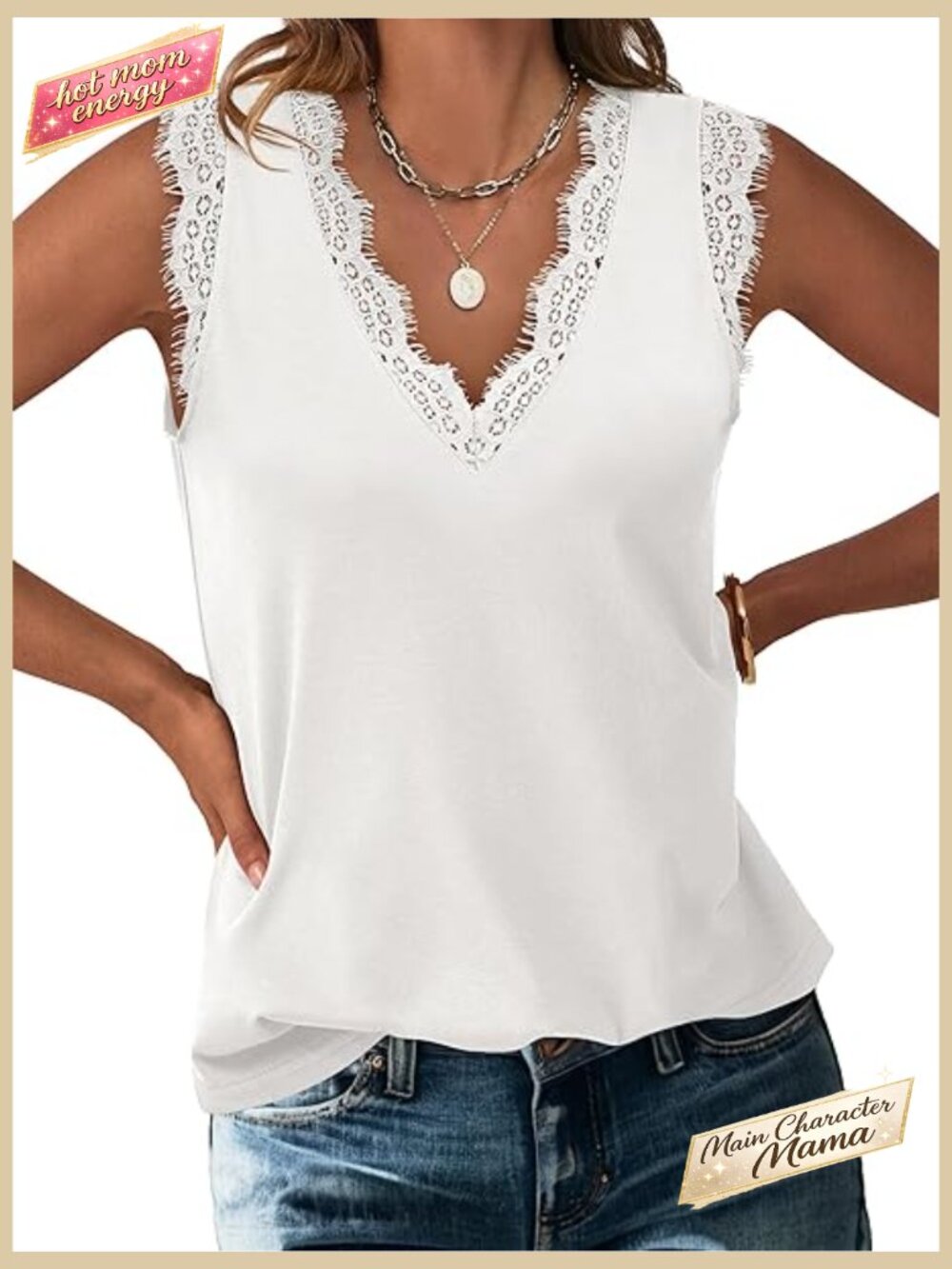 Lace Trim Tank Top V Neck Sleeveless Cami Summer Casual Dressy Top